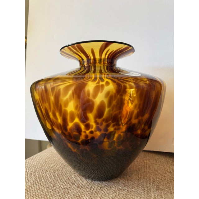Vintage Italian Amber Tortoiseshell Art Glass Vase Large Murano Style Azzurra Maestri Vetrai For Sale - Image 11 of 11