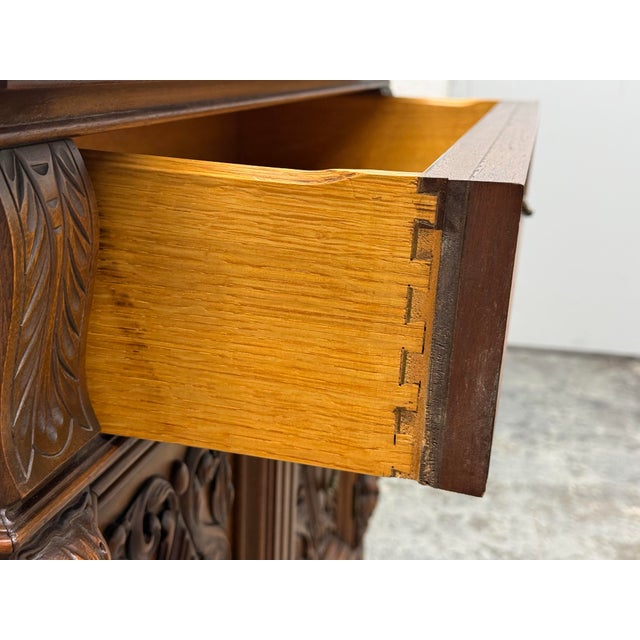 Empire Manufacturing Company Tudor Revival Carved Walnut Buffet Cabinet, Circa 1920's For Sale - Image 9 of 12