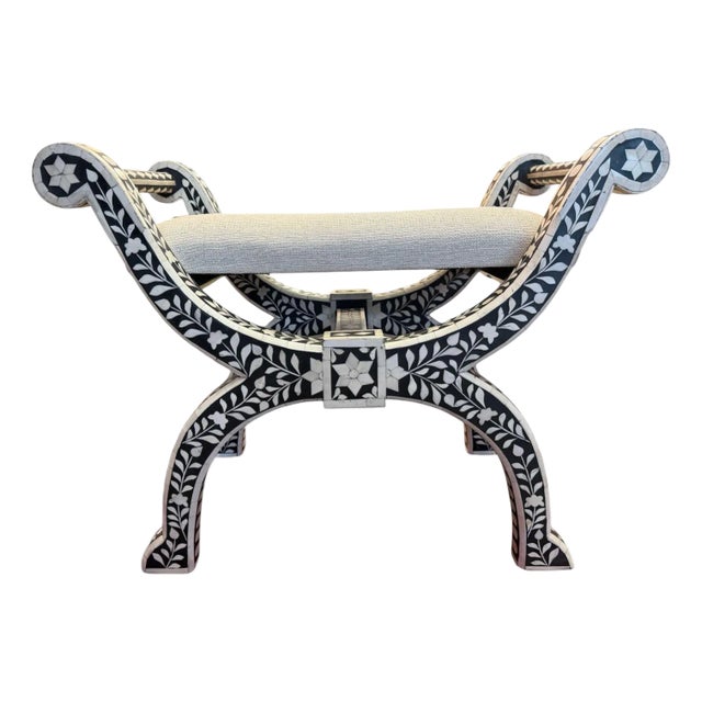 Arhaus Inlaid Bone Bench Seat, Vanity Seat. Black and White For Sale