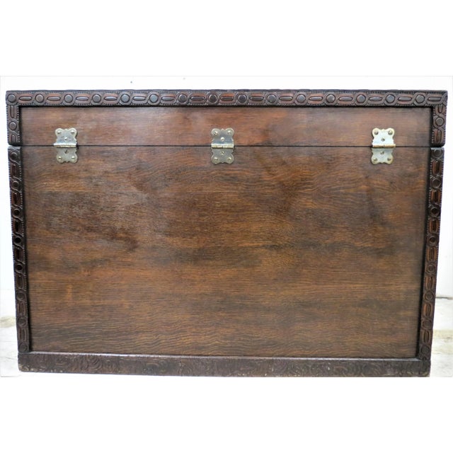 Large Vintage English Carved Wood Trunk, Storage or Blanket Box For Sale - Image 9 of 11
