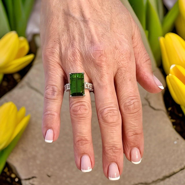 Traditional Natural Tourmaline White Sapphire Ring 6.75 14k WG 21.03 TCW Certified For Sale - Image 3 of 18
