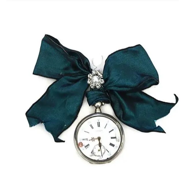 1920s French pocket watch ornament with ribbon hanger. Hand-made by a craftsman at the Paris Flea Market. Maker's mark on...