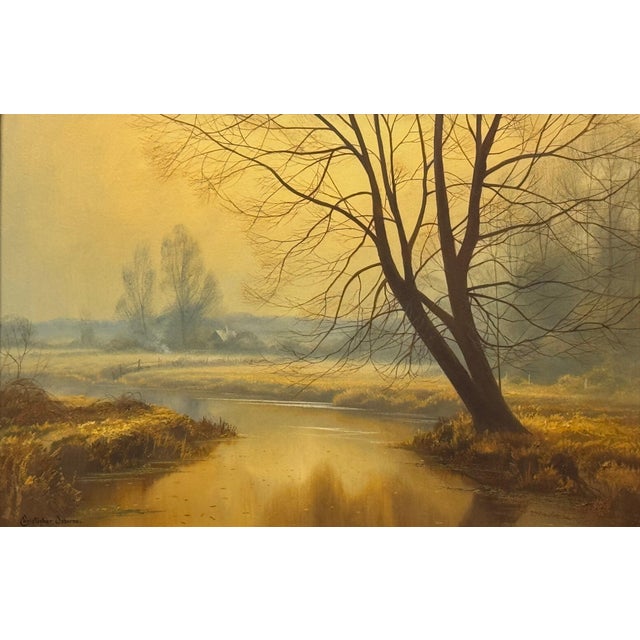 Textile Misty Golden Yellow River Landscape with Winter Trees in the English Countryside Circa 1990 For Sale - Image 7 of 17