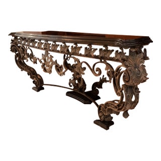 Custom Iron Work & Bronze Marble Top Console Table For Sale