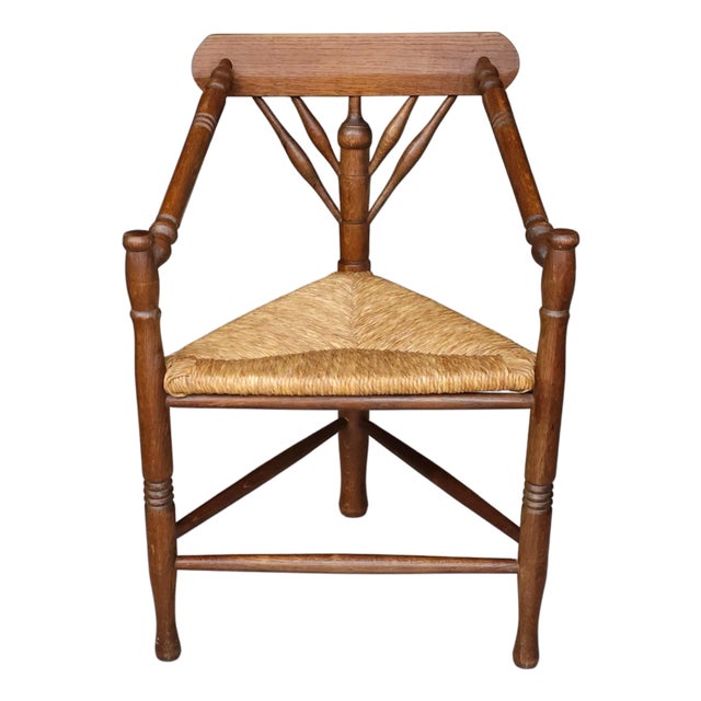 1920s Dutch Corner Oak Chair With Rush Seat For Sale