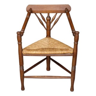 Early 20th Century Dutch Corner Oak Chair With Rush Seat, Sculptural Triangular Form For Sale