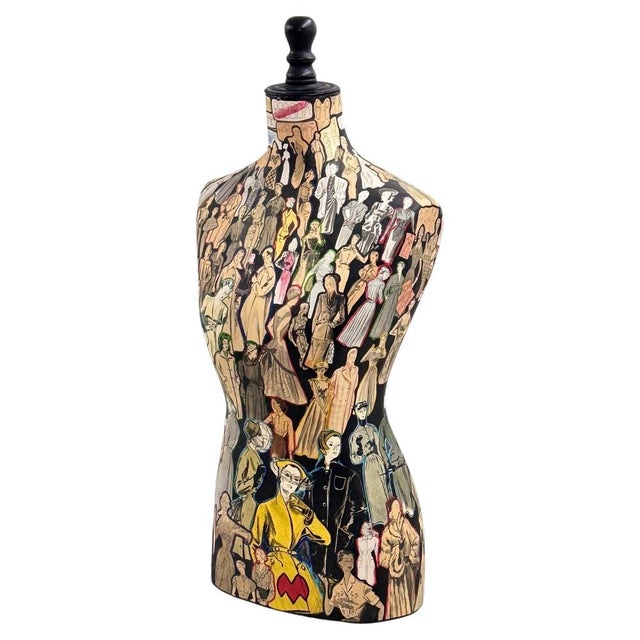 Removable Wooden Mannequin Bust with Fashion Collages, Paris, 1960s : This elegant wooden mannequin bust, created in Paris...