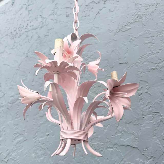 Pink Vintage Italian Pink Tole Chandelier/Pendant Lamp For Sale - Image 8 of 8