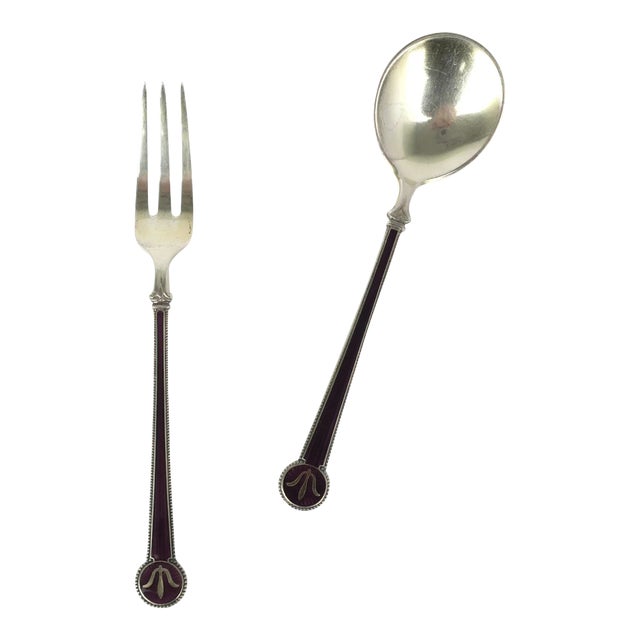 David Andersen Sterling Silver Enamel Guilloche Fork Spoon Appetizer Serving Set For Sale