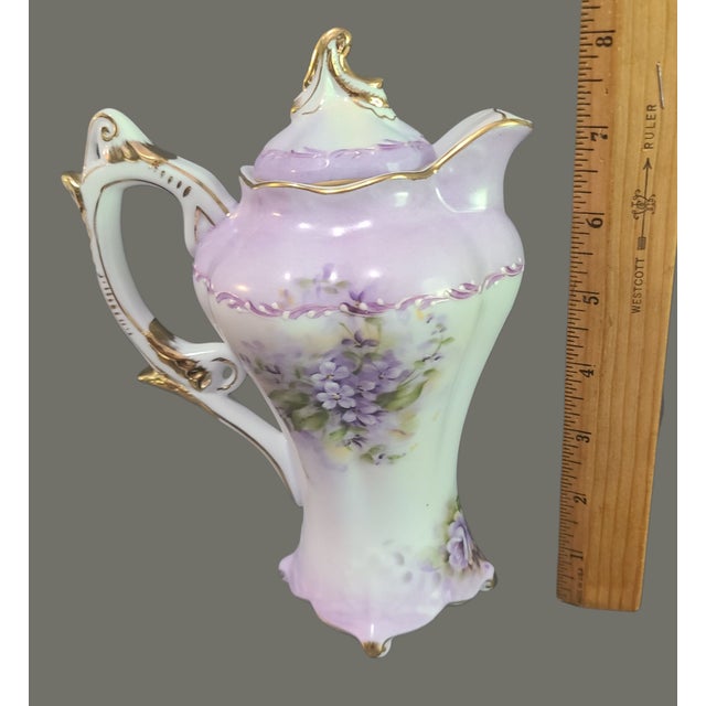 Vintage Romantic Victorian Style Tea or Coffee Pot Gilded Painted Violets For Sale - Image 4 of 9