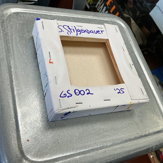 Acrylic on 6” by 1.5" by 6” Stretched Canvas. Artist signed on the back side with S. Stilgenbauer (CA Artist Stephen...