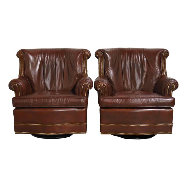 Vintage Brown Leather Swivel Library Chairs by Hancock and Moore - A Pair For Sale
