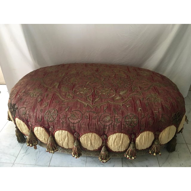 Palatial Distressed Gold Bullion Burgundy Oval Ottoman For Sale - Image 10 of 11
