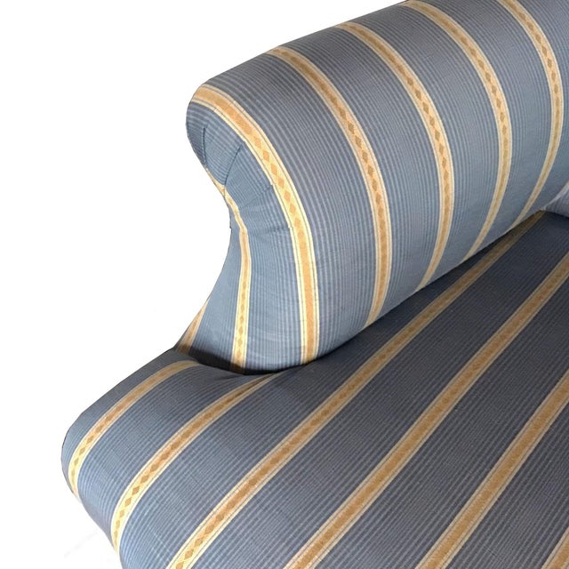 Vintage French Napoleon III Curved Back Armchair With Matching Ottoman Covered With Osborne & Little Mid Blue & Yellow Striped Silk Moiré. For Sale In New York - Image 6 of 13