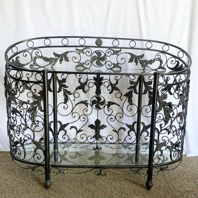 Mediterranean Vintage Wrought Iron Oval Two Tier Glass Top Console Table by Maitland Smith For Sale - Image 3 of 11