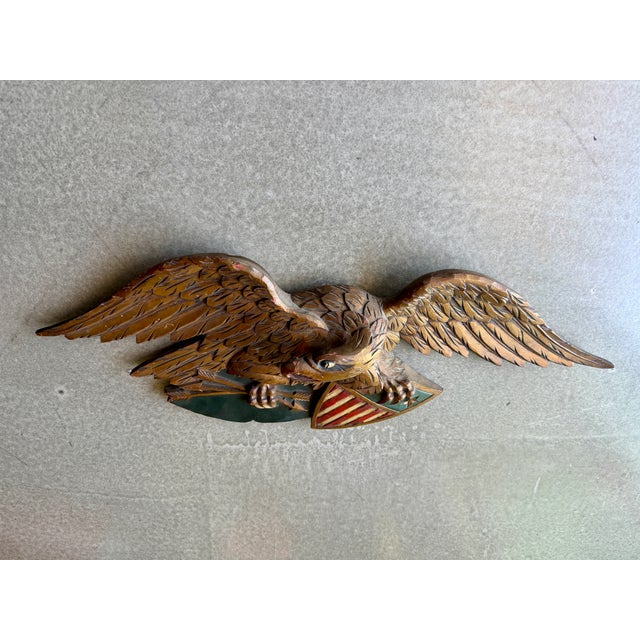 1950s Folk Art Mid-Century Artistic Carving Co. Louisburg Wood Eagle Plaque Bellamy Style Americana Wall Sculpture For Sale - Image 9 of 16