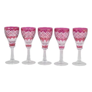 Bohemian Pink Crystal Wine Glasses with Cut Decoration, 1940s, Set of 5 For Sale