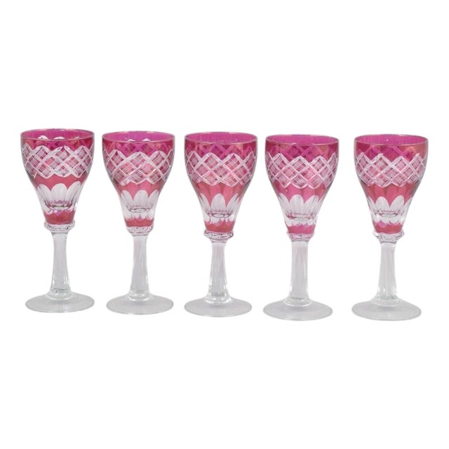 Bohemian Pink Crystal Wine Glasses with Cut Decoration, 1940s, Set of 5 For Sale