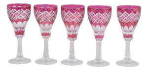 Bohemian Pink Crystal Wine Glasses with Cut Decoration, 1940s, Set of 5