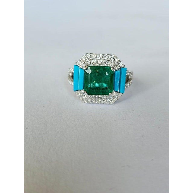 Set in 18k Gold, Zambian Emerald, Natural Turquoise & Diamonds Engagement Ring, Size 6 For Sale - Image 4 of 8