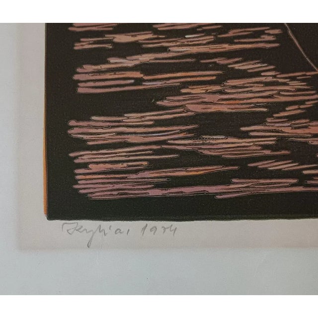 Vintage mid 20th century block print on paper of lavender and white irises in vase still life. Signed and titled illegibly...