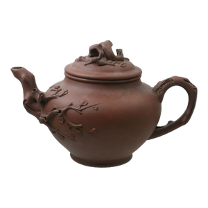Antique Chinese Yixing Zisha Teapot With Plum Blossom Branches, Hand-Carved