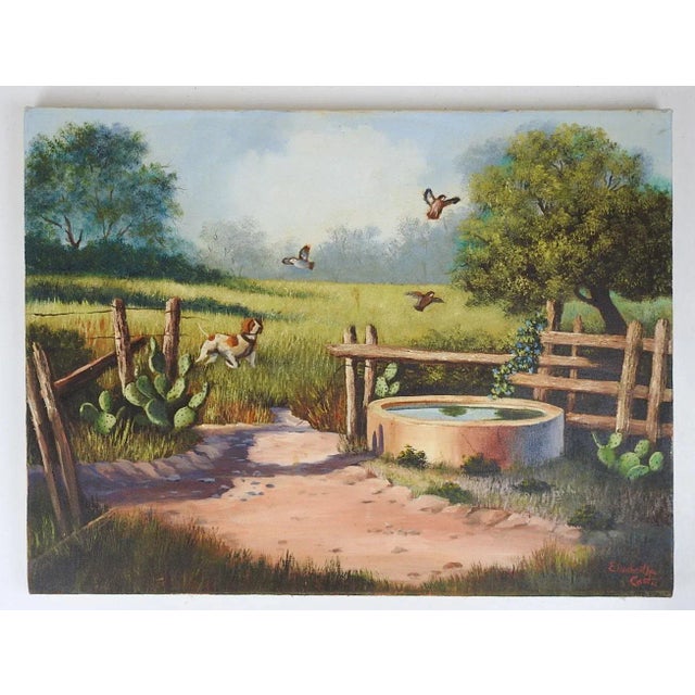 Rustic Vintage Hunting Dog Quail Old Ranch Landscape Painting For Sale - Image 3 of 4