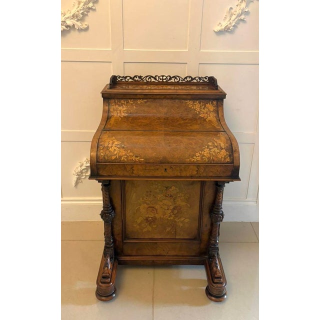 Wood Antique Victorian Burr Walnut Floral Marquetry Piano Top Davenport Desk, 1850 For Sale - Image 7 of 18