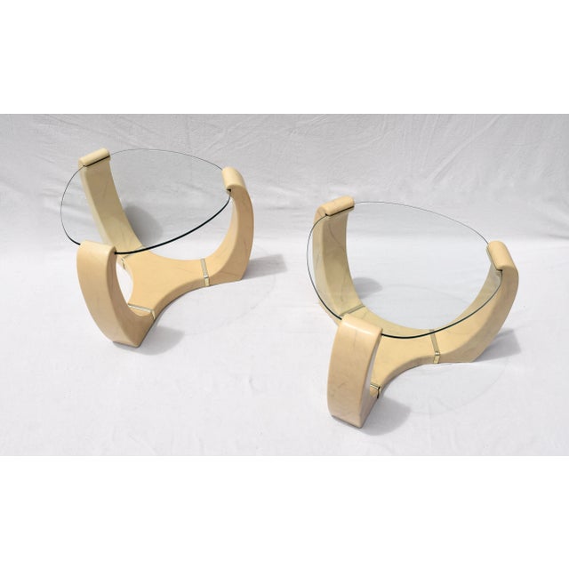 Almond Postmodern End Tables After Karl Springer With Faux Goatskin Finish, Glass Tops For Sale - Image 8 of 13