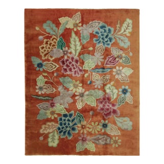 Antique Chinese Art Deco Rug in Rust With Bold Floral Design - Rug & Kilim For Sale