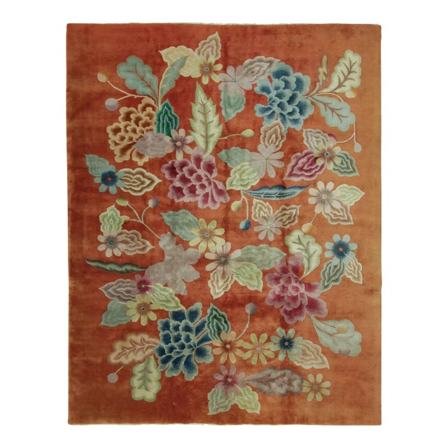 Antique Chinese Art Deco Rug in Rust With Bold Floral Design - Rug & Kilim For Sale