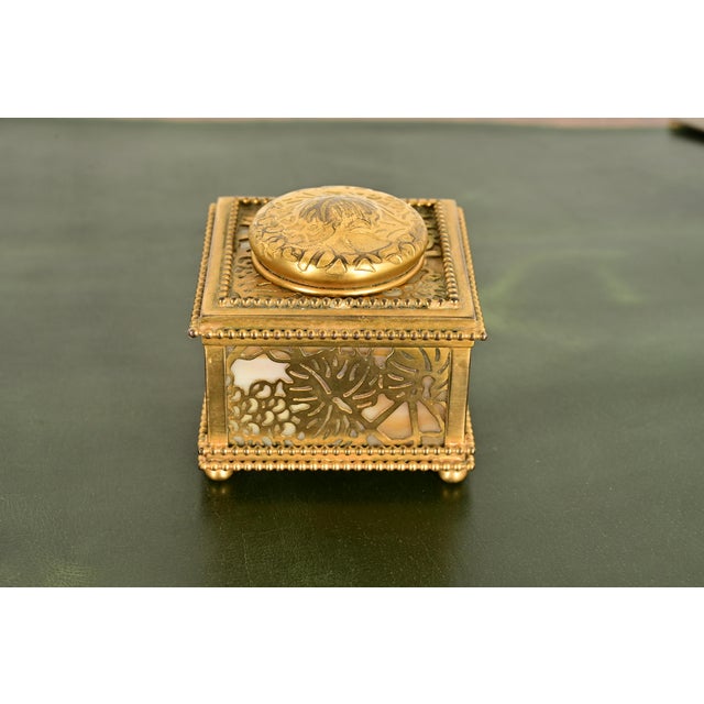 Art Deco Tiffany Studios New York Grapevine Bronze Doré and Favrile Slag Glass Inkwell For Sale - Image 3 of 14