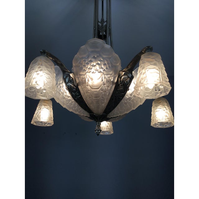 Metal Art Deco Chandelier by André Nuet & Charles Schneider, 1920s For Sale - Image 7 of 16