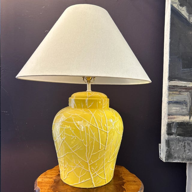 Palm Beach Hollywood Regency Yellow Ginger Jar Lamp With Custom Shade For Sale - Image 4 of 9