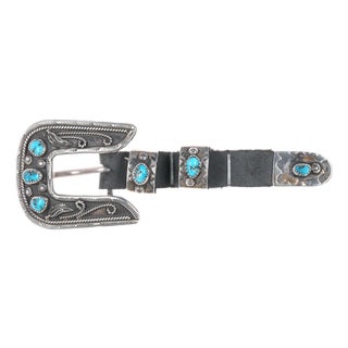 Vintage AJ Native American Sterling turquoise 5/8" ranger belt buckle set For Sale