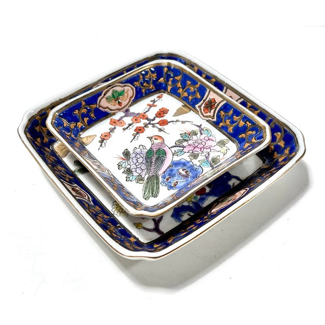Ceramic Pair of Bird Chinoiserie Cobalt & Gilt Porcelain Catchall Trays For Sale - Image 7 of 11