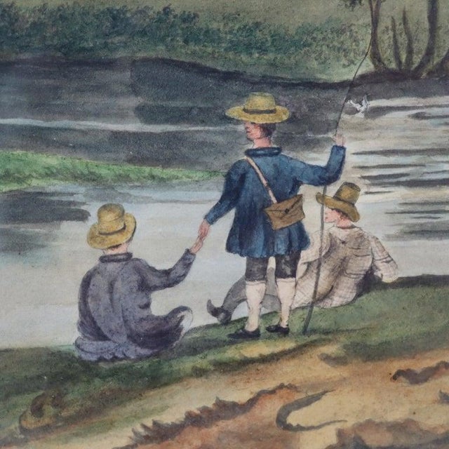 English Antique Watercolor on Paper Landscape Painting With Figures 19thC For Sale - Image 3 of 12
