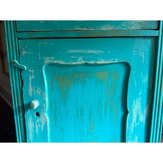 Late 20th Century Vintage Solid Romanian Knotty Pine Cabinet With Distressed Turquoise Painted Finish For Sale - Image 5 of 7
