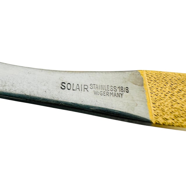 MCM Harvest Gold Flatware, 65pc Solair West Germany Service for 8, Textured Gold Retro Silverware, Forged Stainless Steel, Rare Hosting Set For Sale - Image 10 of 12