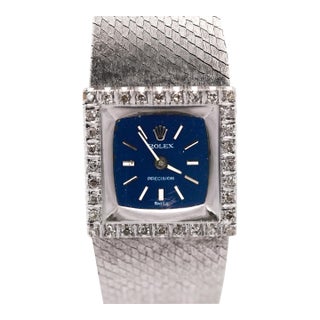 1970s Rolex Precision 2157 Ladies 18k White Gold Diamond Bezel Blue Dial Watch 1972 For Sale