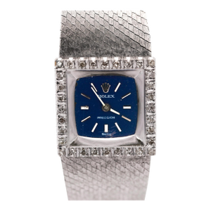 1970s Rolex Precision 2157 Ladies 18k White Gold Diamond Bezel Blue Dial Watch 1972