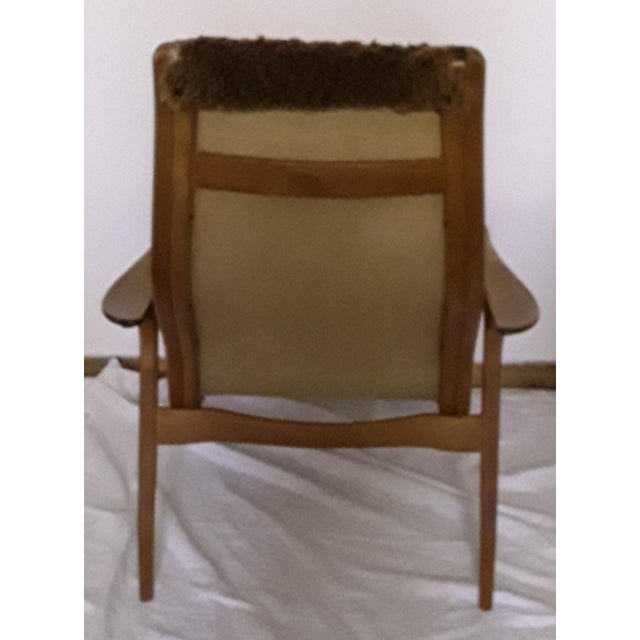 1960s Vintage Swedish Oak Plywood, Linen & Brown Plush Armchair by Yngve Ekström for Swedese, 1965 For Sale - Image 5 of 13