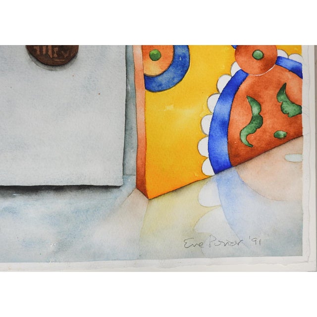 1991 watercolor on paper realistic surreal painting of view of the ocean from a window with various objects. Window sill...