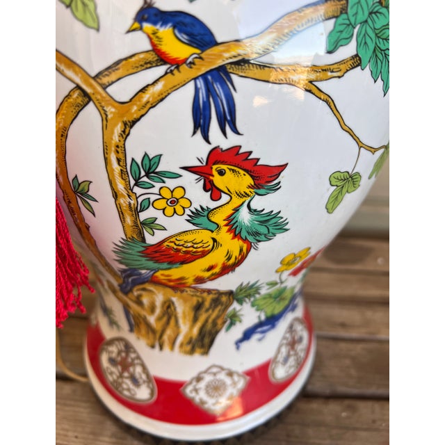 Chinoiserie Mid 20th Century Chinoiserie Chic Style Peacock Multicolor Jar Table Lamp With Custom Made Shade For Sale - Image 3 of 12