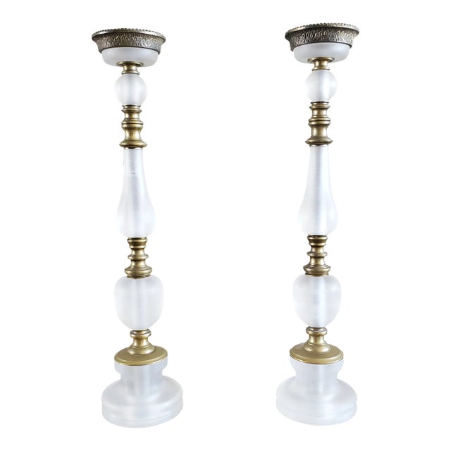 Frosted Lucite and Brass Candlesticks- a Pair For Sale