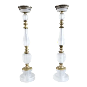 Frosted Lucite and Brass Candlesticks- a Pair