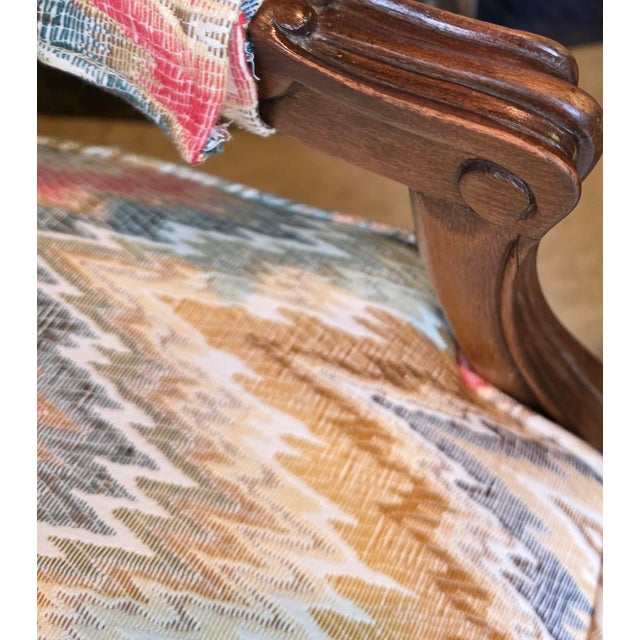 Pair of Mid-Century French Louis XV Style Walnut Bergère Fauteuils With Ikat Upholstery For Sale - Image 10 of 13