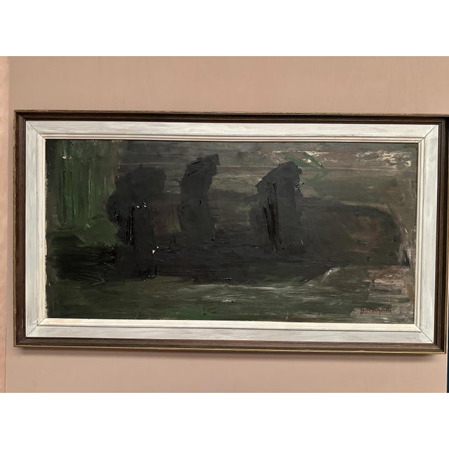 Original Vintage Swedish Oil on Canvas – “Dark Abstract” by Jonne Bergström – Signed – Framed – 114 × 43 cm (44.9" ×...