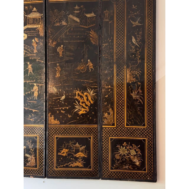 Metal 19th Century English Tooled Leather Chinoiserie Four-Panel Folding Screen For Sale - Image 7 of 9