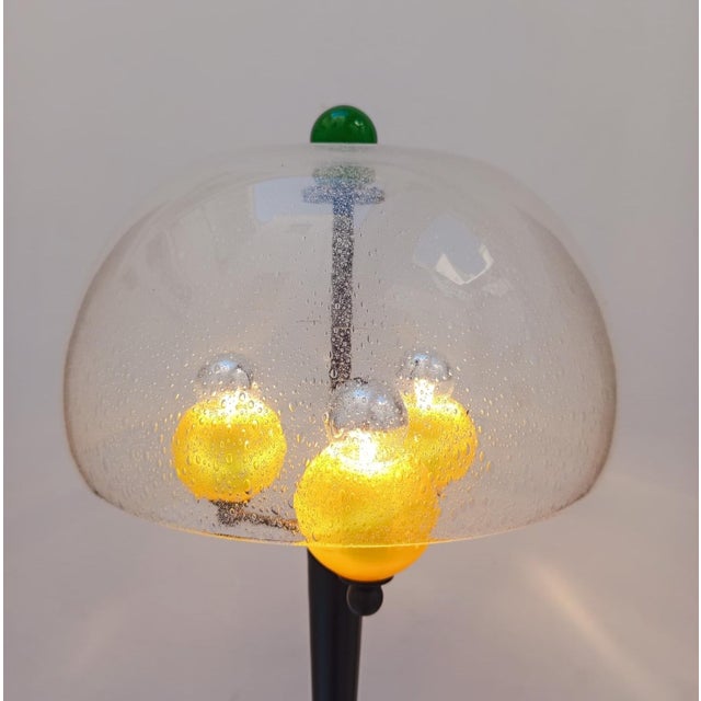 Floor lamp 1970s/80s design, murano label on the shade vintage tubular frame in black painted metal. 3 lights with small...